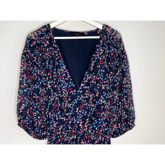 Ted Baker Casadee Puff Sleeve Smock Panel Wrap Mini Dress Navy Women's Size 6 - Picture 4 of 14